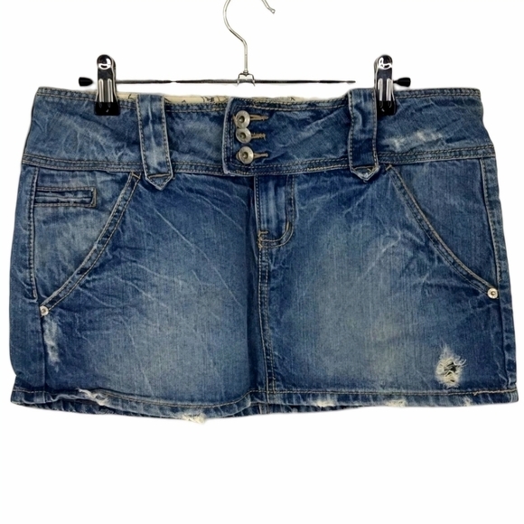 Hint Distressed Denim Jean Mini Skirt 100% Cotton Size 9 - Picture 1 of 9
